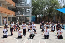 穿着印有越南国旗校服的学生们。图自越通社