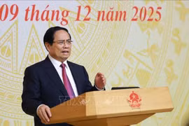 越南政府总理范明政发表讲话。图自越通社