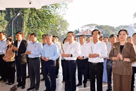 越南国会主席陈青敏和工作代表团在阮生色副榜坟墓上香。图自越通社