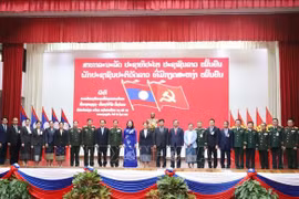 越南国家副主席武氏映春和老挝国家副主席巴妮·雅陶都以及两国代表合影。图自越通社