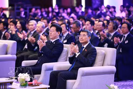 越南政府总理黎明兴与韩国总统共同出席越韩经济论坛。图自越通社