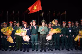 国防部副部长武海产上将和公安部副部长黎文线迎接出色完成在缅救援任务安全归国的越南公安部工作组。图自越通社