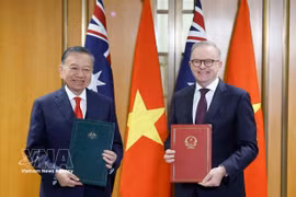 越共中央总书记、国家主席苏林与澳大利亚总理安东尼·阿尔巴尼斯移交联合声明。图自越通社