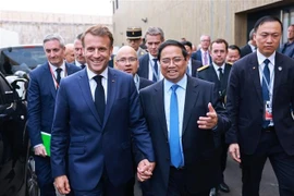 越南政府总理范明政会见法国总统马克龙。图自越通社