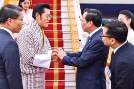 越南民族与宗教部部长陶玉容；外交部副部长阮孟强；国家主席办公厅代表以及外交部相关单位代表到内排机场迎接不丹代表团。图自越通社