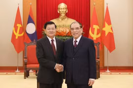 原越共中央总书记农德孟会见老挝人民革命党中央总书记、国家主席通伦。图自baochinhphu.vn