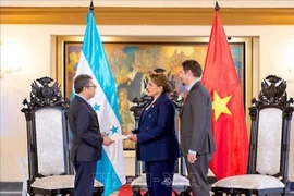 越南驻墨西哥兼驻洪都拉斯大使阮文海向洪都拉斯总统伊丽丝·希奥玛拉·卡斯特罗·萨缅托（Xiomara Castro）递交越南国家主席梁强的委任书。图自越通社
