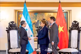 越南驻墨西哥兼驻洪都拉斯大使阮文海向洪都拉斯总统伊丽丝·希奥玛拉·卡斯特罗·萨缅托（Xiomara Castro）递交越南国家主席梁强的委任书。图自越通社