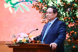 越南政府总理范明政发表讲话。图自越通社