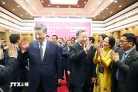 苏林总书记与中共中央总书记、国家主席习近平共同会见中越人民大联欢活动代表。图自越通社
