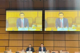 越南常驻奥地利维也纳国际组织和联合国代表团团长武黎泰煌大使在维也纳国际中心（VIC）主持仪式，向印度驻奥地利维也纳国际组织和联合国代表团团长Shambhu Kumaran大使移交亚太地区组（APG）主席职务。图自越通社