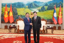越共中央政治局委员、中央书记处常务书记陈锦秀会见老挝人民革命党中央总书记、国家主席通伦·西苏里。图自越通社