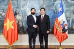 越南国家主席梁强（右）与智利总统博里奇握手。图自越通社