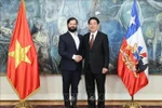 越南国家主席梁强（右）与智利总统博里奇握手。图自越通社