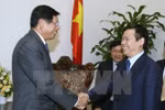 越南政府副总理王廷惠会见到访的老挝国家经济研究院院长、老挝前总理波松·布帕万（图片来源：越通社）