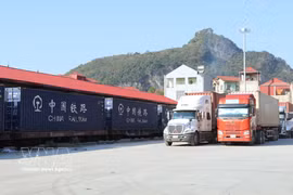 通过谅山省同登国际铁路车站口岸的进出口货物运输车辆。图自越通社
