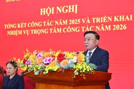 越共中央政治局委员、中央书记处常务书记陈锦秀发表讲话。图自越通社