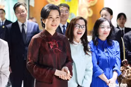 越共中央总书记、国家主席夫人吴芳璃参观广西民族音乐博物馆。图自年轻报