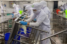 某一厂房的工人过年后重返工作岗位。图自越通社