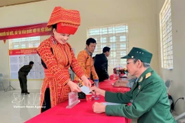 越南北宁省安乐乡那庄村的瑶族同胞兴高采烈地参加选举。图自越通社