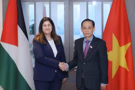 越南外交部长黎怀忠同巴勒斯坦外长沙辛举行会谈。图自越通社