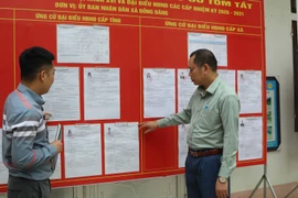 越南谅山省同登边境乡南关村党支部党员，在候选人名单公示处进行宣传与指导。图自越通社