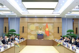 越南国会副主席阮尹英上将会见法国国民议会国防与武装力量委员会主席让-米歇尔·雅克。图自越通社