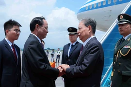 越南国会副主席陈光方到机场迎接中国全国人大常委会委员长赵乐际,一行。图自越通社