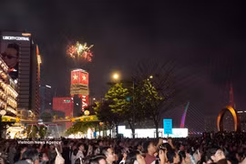 胡志明市五彩烟花盛放，庆祝祖国统一51周年。图自越通社
