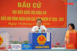 越南国会主席、国家选举委员会主席陈青敏在胡志明市旭门乡第14号投票站行使公民权利。图自越通社