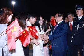 旅居中国越南人代表前来机场迎接越南政府总理范明政一行。图自越通社