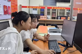 海防市富莲坊工作人员引导市民在国家公共服务门户网站提交结婚登记申请。图自越通社