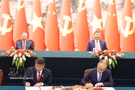 越共中央总书记、国家主席苏林与中共中央总书记、国家主席习近平共同见证两国系列合作文件的签署。图自越通社