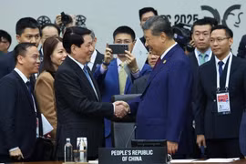 越南国家主席梁强会见中共中央总书记、中国国家主席习近平。图自越通社