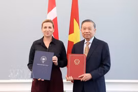 越共中央总书记、国家主席苏林与丹麦首相梅特·弗雷泽里克森交换关于建立越南—丹麦全面战略伙伴关系的联合声明。图：越通社