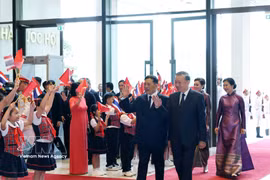 越共中央总书记、国家主席苏林与夫人吴芳璃主持仪式，欢迎泰国国王哇集拉隆功与王后素提达 图片来源：越通社