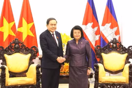 越南国会主席陈青敏会见柬埔寨国会主席昆索达莉。图自越通社