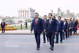 会前，越南党和国家领导人、越南祖国阵线领导人及国会代表向胡志明主席陵敬献花圈，并瞻仰胡志明主席陵 图自越通社