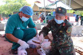 在酷热难耐的高温条件下对墓地进行挖掘取样。图自越通社。