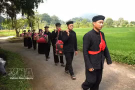 在新潮乡新立文化村岱族传统婚礼上，男方迎亲队伍携带聘礼前往女方家中。图自越通社