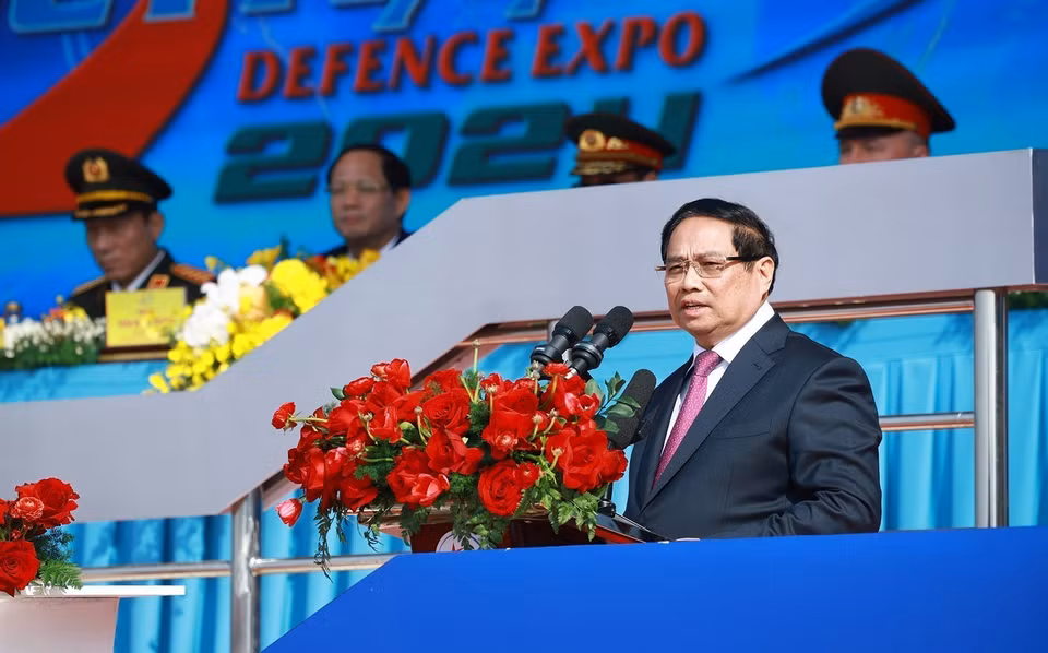 越南政府总理范明政出席2024年越南国际防务展开幕式并发表讲话。图自越通社