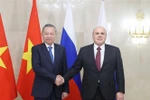 越共中央总书记苏林与见俄罗斯联邦总理米舒斯京亲切握手。图自越通社