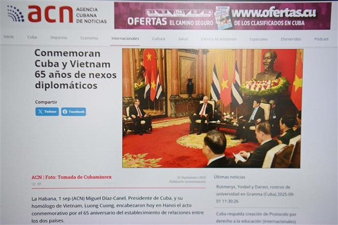 古巴国家通讯社(ACN)报道关于古巴共产党中央委员会第一书记、古巴共和国主席米格尔·迪亚斯-卡内尔·贝穆德斯于8月31日至9月2日对越南进行正式访问的信息。屏幕据截图 vna-potal-truyen-thong-cuba-dua-tin-dam-net-ve-quan-he-voi-viet-nam-8249827.jpg