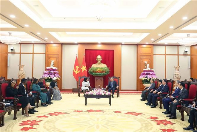 苏林会见南非非洲人国民大会第一副总书记莫科尼亚内。图自越通社 vna-potal-tong-bi-thu-to-lam-tiep-pho-tong-thu-ky-thu-nhat-dang-dai-hoi-dan-toc-phi-cua-nam-phi-8042736.jpg