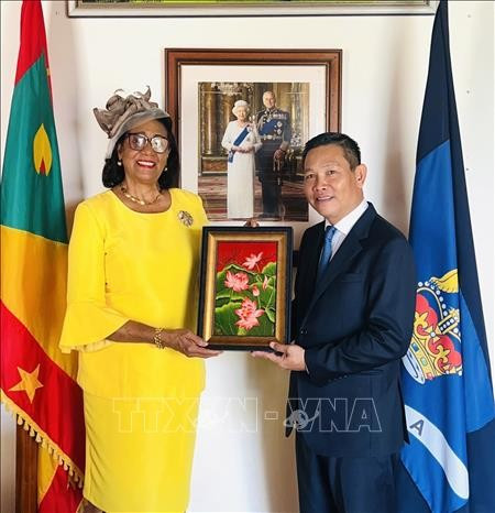 越南驻委内瑞拉兼驻格林纳达大使武中美向格林纳达总督塞茜尔·拉格雷纳德(Cecile La Grenade)递交越南国家主席梁强的国书。图自越通社 quoc-thu2-6825.jpg