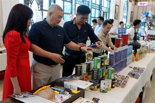 各位代表参观海阳省“一乡一品”展位和俄罗斯产品的展位。图自越通社 vna-potal-hai-duong-tang-cuong-hop-tac-giua-viet-nam-va-lien-bang-nga-8051697.jpg