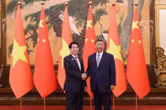 中共中央总书记、国家主席习近平迎接国家主席梁强。图自越通社