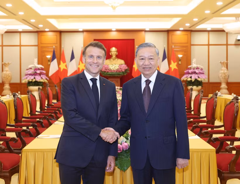 越共中央总书记苏林会见法国总统马克龙。图自越通社
