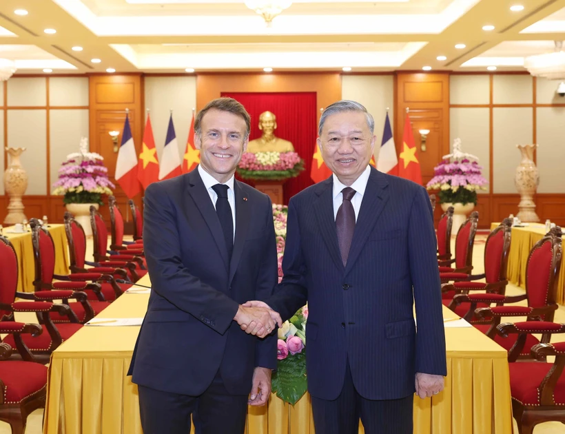 越共中央总书记苏林会见法国总统马克龙。图自越通社