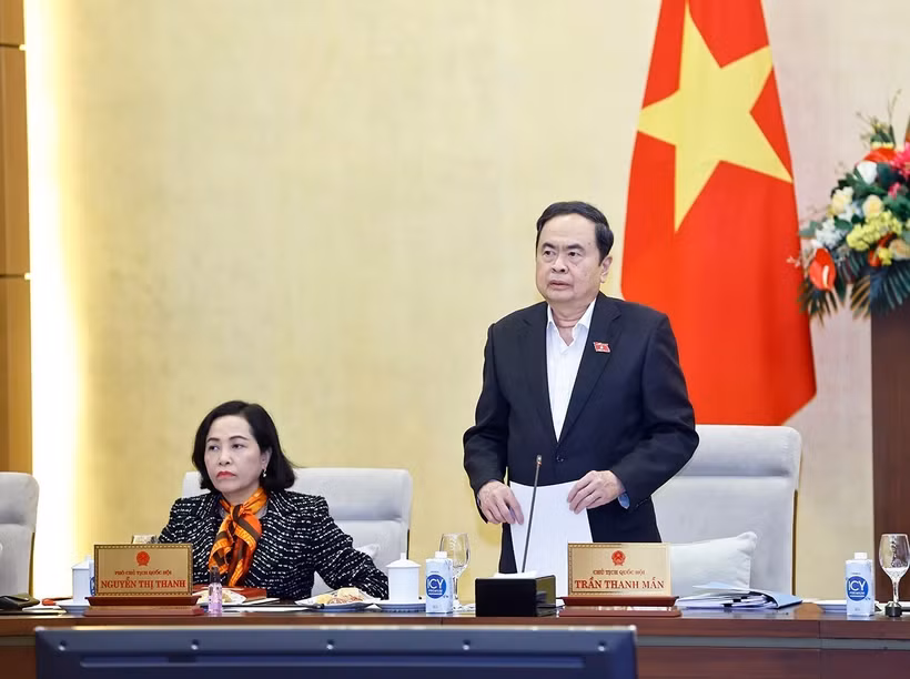 越南国会主席陈青敏在会上发表讲话。图自越通社